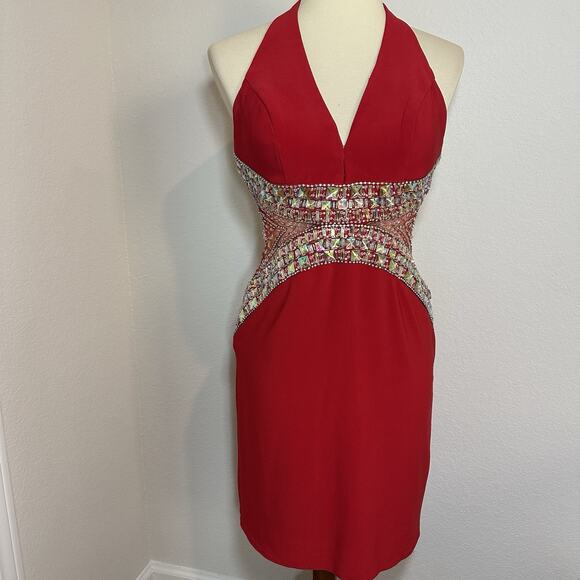 Vintage TONY BOWLS Sequin Cut Out Red Halter Cocktail Dress Pageant HOCO Formal - Picture 7 of 17